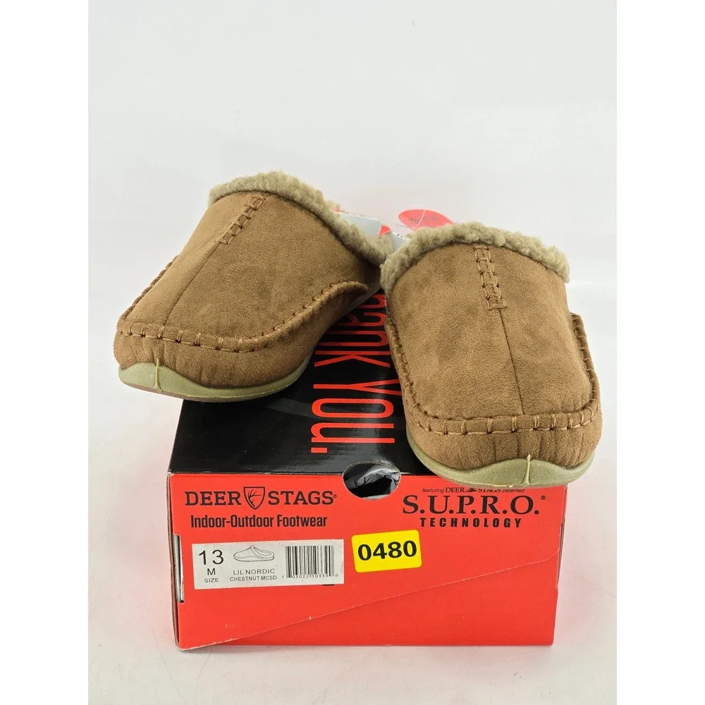Deer Stags Lil Nordic Kids Size 13 Chestnut Suede Faux Fur Slippers - New